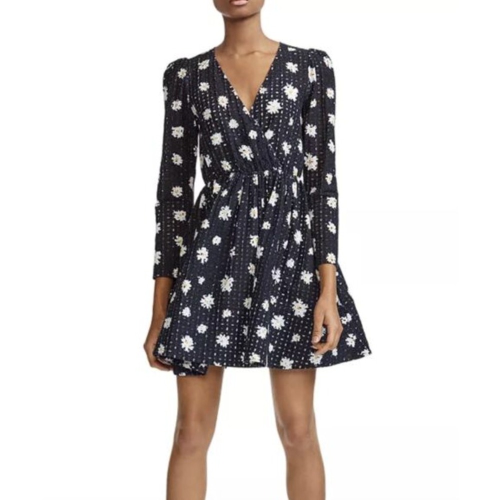 MAJE Rayom Daisy Print Eyelet Dress Black White Long Sleeve‎ Crossover V-Neck